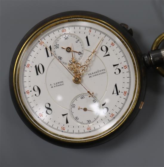 An A Lange and Sohne gun metal chronograph pocket watch (pendant loose and lacking case back).